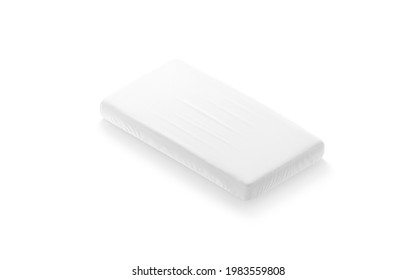 Blank White Rectangle Crib Sheet Mockup, Side View, 3d Rendering. Empty Bed Mattress For Baby Cot Mock Up, Isolated. Clear Soft Bedding Pillow For Newborn Sleep Template.