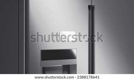 Blank white rectangle magnet on fridge mockup, side view, 3d rendering. Empty round rubber sign on freezer for memory mock up. Clear elliptic lode pin or label attach reminder. 3D Illustration