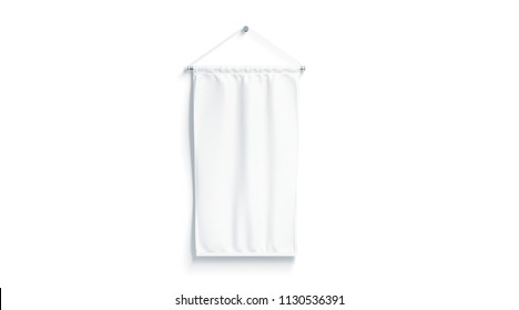 Blank White Rectangle Pennant Mock Up, Isolated, 3d Rendering. Clear Penant Hanging On Wall Mockup, Front View. Empty Streamer Flag Template