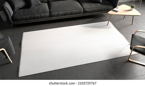 Blank White Rectangular Interior Carpet In Room Mockup, Top Side View, 3d Rendering. Empty Indoor Furniture With Canvas Floor Covering Mock Up. Clear Wool Or Fabric Flooring Mat Template.