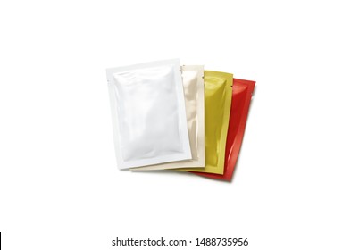 Blank White, Red, Beige And Yellow Sachet Packet Stack Mockup Set, 3d Rendering. Empty Spicy Flavoting Mock Up, Isolated. Clear Pile Of Sauce Portion Packaging Template, Top View.