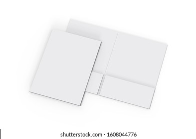 Blank White Reinforced Pocket Folders On Isolated White Background, Mock Up Template For Design Presentation. 3d Illustration