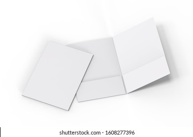 Blank White Reinforced Pocket Folders On Isolated White Background, Mock Up Template For Design Presentation. 3d Illustration