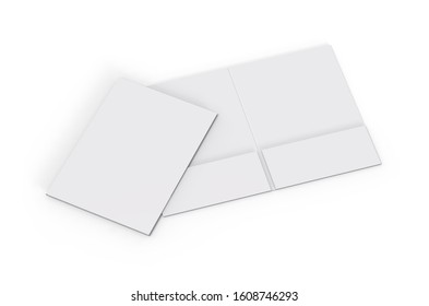 Blank White Reinforced Pocket Folders On Isolated White Background, Mock Up Template For Design Presentation. 3d Illustration