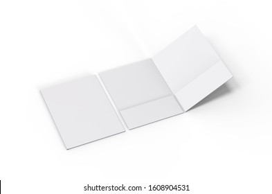 Blank White Reinforced Pocket Folders On Isolated White Background, Mock Up Template For Design Presentation. 3d Illustration