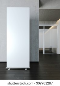 Blank white roll up banner near concrete wall. 3d rendering
