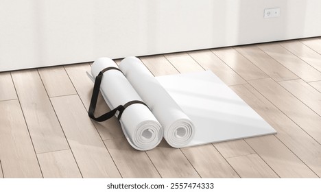 Blank white rolled yoga mat on floor shadow mockup, 3d rendering. Empty mattress for wellness meditating or asana in sport club mock up background. Clear practice pad with handle. 3D Illustration - Powered by Shutterstock