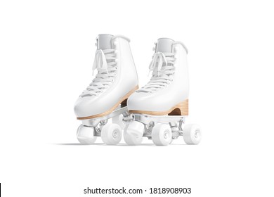 Blank White Roller Skates With Wheels Mockup Pair On Tiptoe, 3d Rendering. Empty Vintage Leather Shoe For Disco Dance Mock Up, Isolated, Half-turned View. Clear Roller-skates Boot For Rink Template.