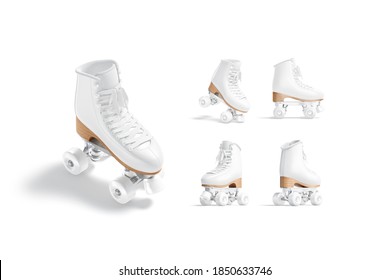 Blank White Roller Skates With Wheels Mockup, Different Views, 3d Rendering. Empty Retro Roller-derby Shoe Mock Up, Isolated. Clear Sport Rollerskates For Disco Dance On Rink Template.