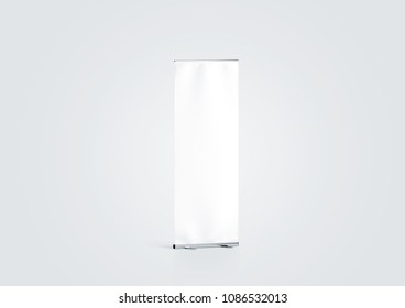 Blank White Roll-up Banner Display Mockup, Side View, 3d Rendering. Empty Rollup Baner Design Mock Up On Gray Background. Clear Roller Sign Board Template Stand