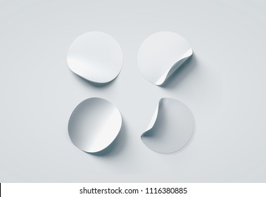 Blank White Round Adhesive Sticker Mock Up Set With Curved Corners, 3d Rendering. Empty Paper Circle Sticky Label Mockup With Fold Curl. Clear Rounded Adherent Tag Template For Glass Door Or Wall.