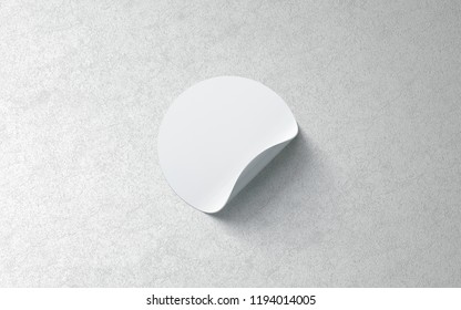 Blank White Round Adhesive Sticker Mockup On Textured Wall, 3d Rendering. Empty Circle Tag With Curved Corners Mock Up. Clear Sticky Label Mokcup On Surface Template For Glass Door Or Wall.