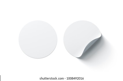 Blank white round adhesive stickers mock up with curved corner, 3d rendering. Empty circle sticky label mockup with curl. Clear adherent tag mokcup template for glass door or wall. Stiker mokc up.