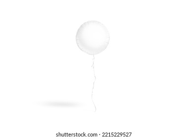 Blank White Round Balloon Flying Mock Up, Front View, 3d Rendering. Empty Circle Decor Levitation Balone With Ribbon Mockup, Isolated. Clear Festival Bubble For Celebrate Or Party Template.