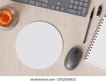 Blank and white, round computer mouse pad on the desk at home. Mousepad mockup. Copy space for your picture or text. Empty mouse mat ready for your design. Mock up, template. 3D. 3D Illustration