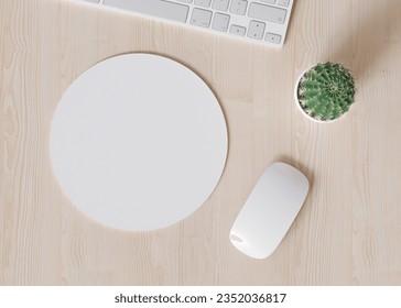 Blank and white, round computer mouse pad on the desk at home. Mousepad mockup. Copy space for your picture or text. Empty mouse mat ready for your design. Mock up, template. 3D. 3D Illustration