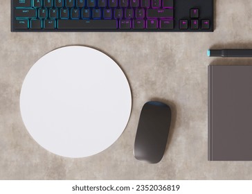 Blank and white, round computer mouse pad on the desk at home. Mousepad mockup. Copy space for your picture or text. Empty mouse mat ready for your design. Mock up, template. 3D. 3D Illustration