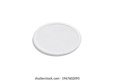 Blank White Round Embroidered Patch Mockup Lying, Side View, 3d Rendering. Empty Embroidery Badge For Police Or Army Symbol Mock Up, Isolated. Clear Cotton Sewn Sign Template.