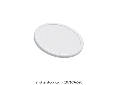 Blank White Round Embroidered Patch Mock Up, Side View, 3d Rendering. Empty Iron On Onlay For Hippie Or Anti War Symbol Mockup, Isolated. Clear Textile Stitches Oval For Team Template.