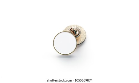 Blank White Round Gold Lapel Badge Mockup Stack, 3d Rendering. Empty Luxury Hard Enamel Pin Mockup. Golden Clasp-pin Design Template. Expensive Circular Brooch For Logo Presentation