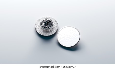 Blank White Round Silver Lapel Badge Mockup, Front And Back Side View, 3d Rendering. Empty Hard Enamel Pin Mock Up. Metal Clasp-pin Design Template. Expensive Curcular Brooch For Logo Presentation