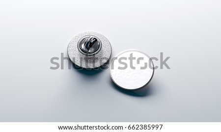 Blank white round silver lapel badge mockup, front and back side view, 3d rendering. Empty hard enamel pin mock up. Metal clasp-pin design template. Expensive curcular brooch for logo presentation ストックフォト © 