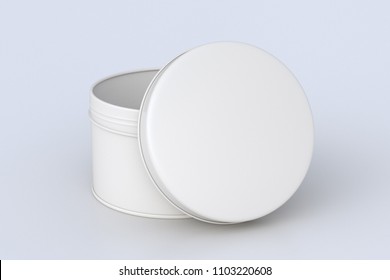 Blank White Round Tin Container Box With Opened Lid On White Background. Package Mockup With Clipping Path Around Container. 3d Illustration