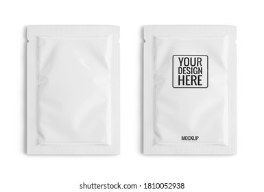 Blank White Sachet Packet Isolated On White. Small Pack Sachet Mockup. 3d Rendering