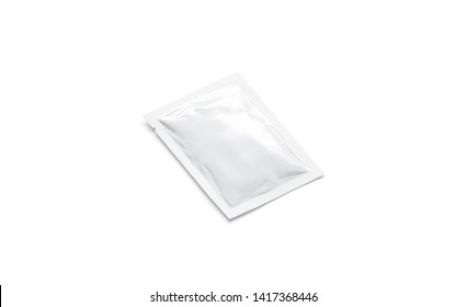 Blank white sachet packet mock up, isolated, side view, 3d rendering. Empty sealed parcel with salt, pepper, sugar, tea. Clear airtight small bag for medication. Clean rectangular pack with food.