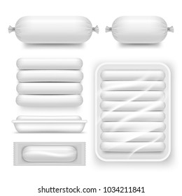 Blank White Sausage Pack Set. Realistic Template, Mockup Of Sausage Sales Plastic Packaging.