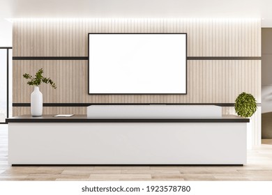 Blank White Screen In Black Frame On Wooden Wall Behind Reception Area In Modern Eco Style Office. Mockup. 3D Rendering