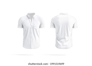 Blank white short sleeve button down shirt mockup, front back view, 3d rendering. Empty cotton tank top with pocket mock up, isolated. Clear polo shirt for dress code template.