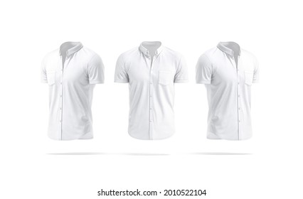 Blank White Short Sleeve Button Down Shirt Mockup, Front Side View, 3d Rendering. Empty Men Jersey Blouse Mock Up, Isolated. Clear Fabric Tshirt With Collar For Outfit Template.