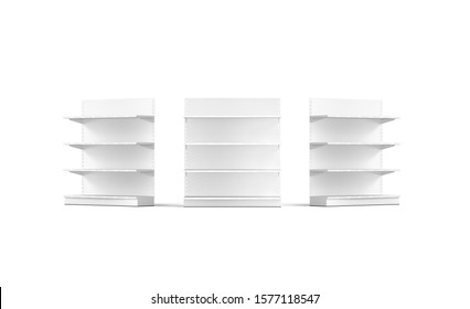 Blank White Showcase Shelves Mock Up, Isolated, 3d Rendering. Empty Furniture Stillage Mockup,front And Half-turned View. Clear Commerce Shelving For Store Merch Mokcup Template.