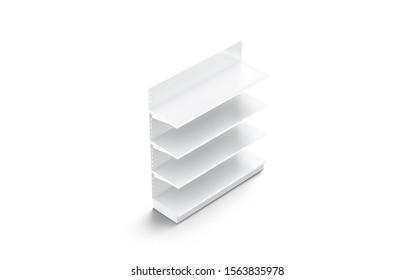 Blank White Showcase Shelves Mockup Stand, Side View, 3d Rendering. Empty Market Or Library Stillage Mock Up Isolated. Clear Magazine Shelves For Commercial Trade Mokcup Template.