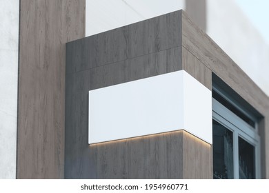 Blank white signboard with backlight on the corner of eco style wooden building near entrance, 3D rendering, mock up
