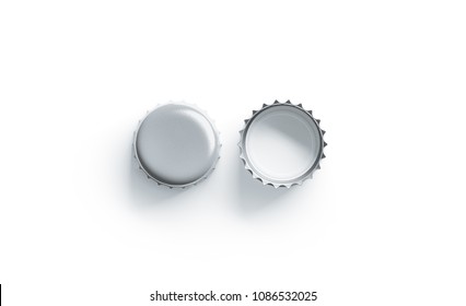 Blank White Silver Beer Lid Mockup, Front And Back Side, Top View 3d Rendering. Empty Metal Soda Cap Mock Up Design Template. Clear Bottle Cover Isolated.