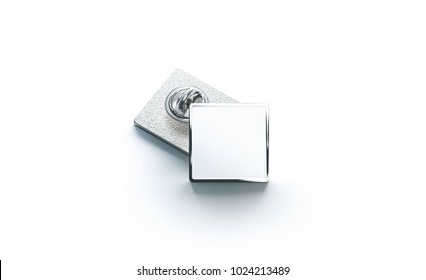 Blank White Silver Lapel Badge Mock Ups Stack, 3d Rendering. Empty Luxury Hard Enamel Pin Mockup. Metallic Clasp-pin Design Template. Expensive Square Brooch For Logo Presentation.