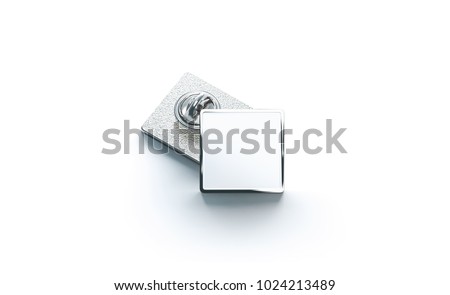 Blank white silver lapel badge mock ups stack, 3d rendering. Empty luxury hard enamel pin mockup. Metallic clasp-pin design template. Expensive square brooch for logo presentation. ストックフォト © 
