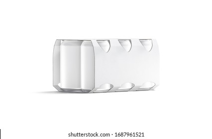 Blank White Six Beer Can Cardboard Pack Mock Up, Isolated, 3d Rendering. Empty Paper Packing For Jar With Tea Or Canned Alchohol Mockup, Half-turned View. Clear Six Aluminum Tin Mokcup Template.