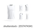 Blank white sleeveless shirt mockup, different views, 3d rendering. Empty jersey fabric undershirt for basketball workout mock up, isolated. Clear sporty basic tank top activewear. 3D Illustration