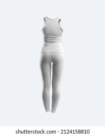 Blank White Sleeveless T-shirt Template, Leggings, Tank, 3D Rendering, Bodycon Fit Sportswear, For Design, Print, Back. Mockup Of Female Workout Clothes, Compression Underwear Isolated On Background