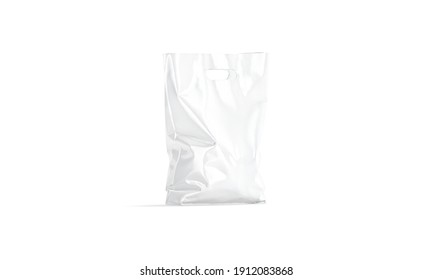 Blank white small full die-cut splastic bag, handle hole mockup, 3d rendering. Empty crumpled packet with grocery stuff, half-turned view, isolated. Clear carrying bagful for shopping template.