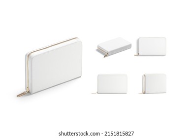 Blank White Small Money Wallet Mockup, Different Views, 3d Rendering. Empty Pocketbook Or Pouch For Cash Or Card Mock Up, Isolated. Clear Carryall Zipper Purse For Banknote Template.