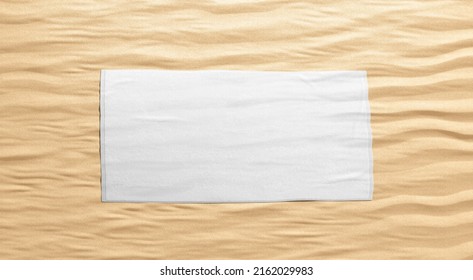 Blank White Smooth Unfolded Big Towel Mockup, Sand Background, 3d Rendering. Empty Fabric Fiber Material On Sandy Beach Mock Up, Side View. Clear Wiping Bath Sheet For Body Template.