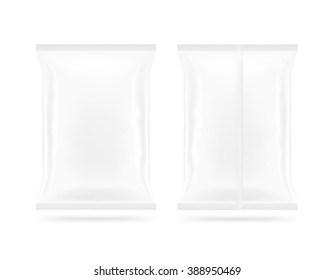 Blank White Snack Plastic Bag Mock Up Package Front And Back Side Isolated. Clear White Chips Pack Mockup. Cookie, Candy, Sugar, Cracker, Nuts, Jujube Supermarket Foil Plastic Frozen Container Packet.
