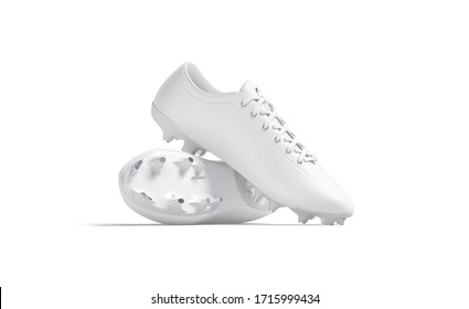 Blank white soccer boots with rubber cleats mockup stack, isolated, 3d rendering. Empty pursuit or jogging footwear mock up, isolated. Clear sporty leather shoes pair for activity mokcup template.