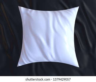 Blank White Soft Square Satin Pillow On Black Bedsheet, Mockup For Your Design, 3D Render