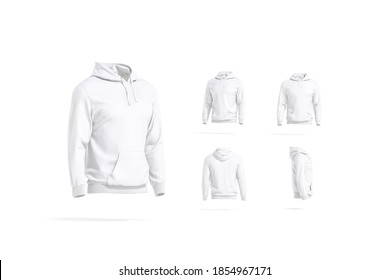 Blank White Sport Hoodie With Hood Mockup, Different Views, 3d Rendering. Empty Casual Sweat Shirt Or Pullover Mock Up, Isolated. Clear Hooded Loose Overall Sweatshirt Template.