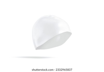 Blank white sport swim cap mockup, side view, no gravity, 3d rendering. Empty sportive protective hat for swimmer mock up, isolated. Clear waterproof sportswear for swim athlete. 3D Illustration - Powered by Shutterstock